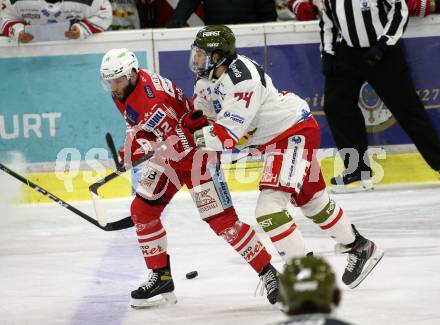 EBEL. Eishockey Bundesliga. KAC gegen	HCB Suedtirol Alperia.  Ticar Rok (KAC),  Di Perna Dylan (Bozen). Klagenfurt, am 13.4.2021.
Foto: Kuess
www.qspictures.net

---
pressefotos, pressefotografie, kuess, qs, qspictures, sport, bild, bilder, bilddatenbank