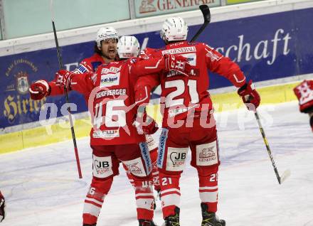 EBEL. Eishockey Bundesliga. KAC gegen	HCB Suedtirol Alperia. Torjubel Geier Manuel, Bischofberger Johannes, Witting Samuel,  (KAC). Klagenfurt, am 13.4.2021.
Foto: Kuess
www.qspictures.net

---
pressefotos, pressefotografie, kuess, qs, qspictures, sport, bild, bilder, bilddatenbank