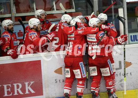 EBEL. Eishockey Bundesliga. KAC gegen	HCB Suedtirol Alperia. Torjubel Bischofberger Johannes, Vallant Thomas, Haudum Lukas, Steffler Kele,  (KAC). Klagenfurt, am 13.4.2021.
Foto: Kuess
www.qspictures.net

---
pressefotos, pressefotografie, kuess, qs, qspictures, sport, bild, bilder, bilddatenbank