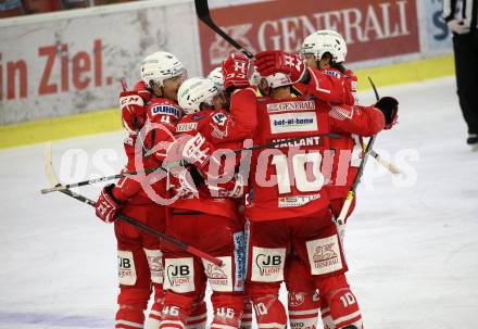 EBEL. Eishockey Bundesliga. KAC gegen	HCB Suedtirol Alperia. Torjubel Bischofberger Johannes, Vallant Thomas, Steffler Kele, Witting Samuel, Hundertpfund Thomas (KAC). Klagenfurt, am 13.4.2021.
Foto: Kuess
www.qspictures.net

---
pressefotos, pressefotografie, kuess, qs, qspictures, sport, bild, bilder, bilddatenbank