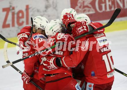 EBEL. Eishockey Bundesliga. KAC gegen	HCB Suedtirol Alperia. Torjubel Bischofberger Johannes, Vallant Thomas, Steffler Kele, Witting Samuel, Hundertpfund Thomas (KAC). Klagenfurt, am 13.4.2021.
Foto: Kuess
www.qspictures.net

---
pressefotos, pressefotografie, kuess, qs, qspictures, sport, bild, bilder, bilddatenbank