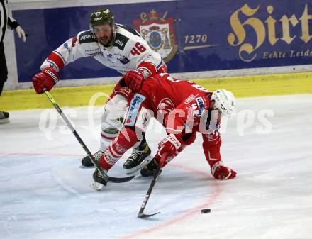 EBEL. Eishockey Bundesliga. KAC gegen	HCB Suedtirol Alperia. Ticar Rok (KAC), Deluca Ivan  (Bozen). Klagenfurt, am 13.4.2021.
Foto: Kuess
www.qspictures.net

---
pressefotos, pressefotografie, kuess, qs, qspictures, sport, bild, bilder, bilddatenbank