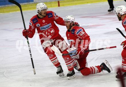 EBEL. Eishockey Bundesliga. KAC gegen	HCB Suedtirol Alperia. Torjubel Bischofberger Johannes, Vallant Thomas, (KAC). Klagenfurt, am 13.4.2021.
Foto: Kuess
www.qspictures.net

---
pressefotos, pressefotografie, kuess, qs, qspictures, sport, bild, bilder, bilddatenbank