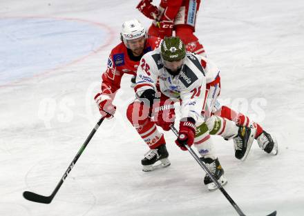 EBEL. Eishockey Bundesliga. KAC gegen	HCB Suedtirol Alperia. Witting Samuel (KAC),  Miceli Angelo (Bozen). Klagenfurt, am 13.4.2021.
Foto: Kuess
www.qspictures.net

---
pressefotos, pressefotografie, kuess, qs, qspictures, sport, bild, bilder, bilddatenbank