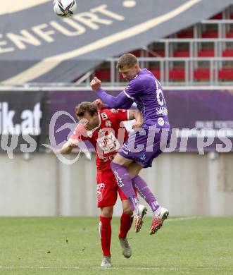 Fussball 2. Liga. SK Austria Klagenfurt gegen  Grazer AK 1902. Ivan Saravanja,  (Klagenfurt),   Peter Tschernegg (GAK). Klagenfurt, am 18.4.2021.
Foto: Kuess
www.qspictures.net
---
pressefotos, pressefotografie, kuess, qs, qspictures, sport, bild, bilder, bilddatenbank