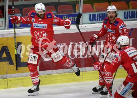 EBEL. Eishockey Bundesliga. KAC gegen	HCB Suedtirol Alperia. Torjubel Blaz Gregorc, Nicholas Eric Petersen (KAC). Klagenfurt, am 18.4.2021.
Foto: Kuess
www.qspictures.net

---
pressefotos, pressefotografie, kuess, qs, qspictures, sport, bild, bilder, bilddatenbank