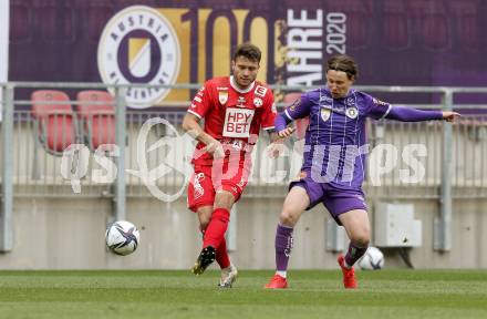 Fussball 2. Liga. SK Austria Klagenfurt gegen  Grazer AK 1902. Alex Timossi Andersson,  (Klagenfurt),  Marco Sebastian Gantschnig  (GAK). Klagenfurt, am 18.4.2021.
Foto: Kuess
www.qspictures.net
---
pressefotos, pressefotografie, kuess, qs, qspictures, sport, bild, bilder, bilddatenbank