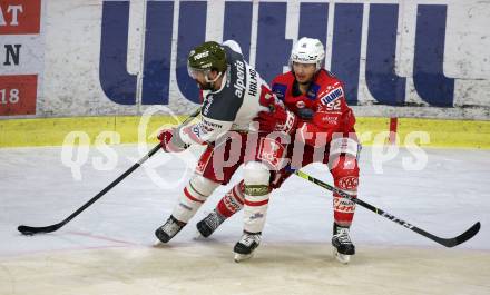 EBEL. Eishockey Bundesliga. KAC gegen	HCB Suedtirol Alperia. Clemens Unterweger,  (KAC),  Michael Halmo (Bozen). Klagenfurt, am 18.4.2021.
Foto: Kuess
www.qspictures.net

---
pressefotos, pressefotografie, kuess, qs, qspictures, sport, bild, bilder, bilddatenbank