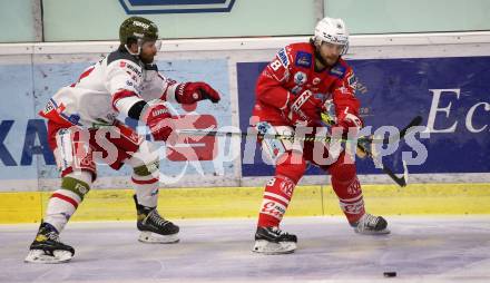 EBEL. Eishockey Bundesliga. KAC gegen	HCB Suedtirol Alperia. Daniel Obersteiner, (KAC),  Gleason Fournier  (Bozen). Klagenfurt, am 18.4.2021.
Foto: Kuess
www.qspictures.net

---
pressefotos, pressefotografie, kuess, qs, qspictures, sport, bild, bilder, bilddatenbank