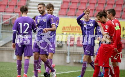 Fussball 2. Liga. SK Austria Klagenfurt gegen  Grazer AK 1902. Torjubel Thorsten Mahrer, Tim Maciejewski, Markus Pink (Klagenfurt). Klagenfurt, am 18.4.2021.
Foto: Kuess
www.qspictures.net
---
pressefotos, pressefotografie, kuess, qs, qspictures, sport, bild, bilder, bilddatenbank