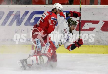 EBEL. Eishockey Bundesliga. KAC gegen	HCB Suedtirol Alperia. Kele Steffler,  (KAC),  Anthony Bardaro (Bozen). Klagenfurt, am 18.4.2021.
Foto: Kuess
www.qspictures.net

---
pressefotos, pressefotografie, kuess, qs, qspictures, sport, bild, bilder, bilddatenbank