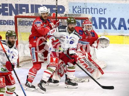 EBEL. Eishockey Bundesliga. KAC gegen	HCB Suedtirol Alperia. Thomas Vallant, Sebastian Dahm,  (KAC), Michael Halmo  (Bozen). Klagenfurt, am 18.4.2021.
Foto: Kuess
www.qspictures.net

---
pressefotos, pressefotografie, kuess, qs, qspictures, sport, bild, bilder, bilddatenbank