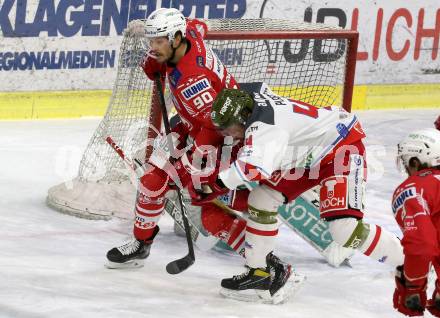 EBEL. Eishockey Bundesliga. KAC gegen	HCB Suedtirol Alperia. Matthew Fraser,  (KAC), Nicholas Plastino  (Bozen). Klagenfurt, am 18.4.2021.
Foto: Kuess
www.qspictures.net

---
pressefotos, pressefotografie, kuess, qs, qspictures, sport, bild, bilder, bilddatenbank