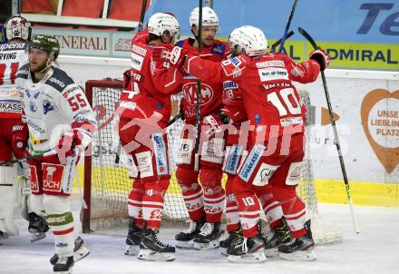 EBEL. Eishockey Bundesliga. KAC gegen	HCB Suedtirol Alperia. Torjubel Kele Steffler, Matthew Fraser, Thomas Koch, Lukas Haudum, Thomas Vallant (KAC). Klagenfurt, am 18.4.2021.
Foto: Kuess
www.qspictures.net

---
pressefotos, pressefotografie, kuess, qs, qspictures, sport, bild, bilder, bilddatenbank