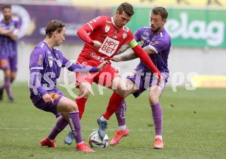 Fussball 2. Liga. SK Austria Klagenfurt gegen  Grazer AK 1902. Alex Timossi Andersson, Philipp Huetter,  (Klagenfurt),  Marco Perchtold  (GAK). Klagenfurt, am 18.4.2021.
Foto: Kuess
www.qspictures.net
---
pressefotos, pressefotografie, kuess, qs, qspictures, sport, bild, bilder, bilddatenbank