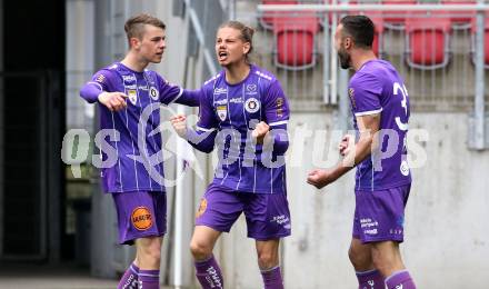 Fussball 2. Liga. SK Austria Klagenfurt gegen  Grazer AK 1902. Torjubel Tim Maciejewski, Patrick Greil, Markus Pink (Klagenfurt). Klagenfurt, am 18.4.2021.
Foto: Kuess
www.qspictures.net
---
pressefotos, pressefotografie, kuess, qs, qspictures, sport, bild, bilder, bilddatenbank