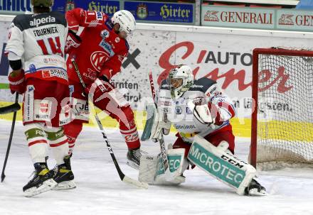EBEL. Eishockey Bundesliga. KAC gegen	HCB Suedtirol Alperia. Manuel Geier,  (KAC), Leland Irving  (Bozen). Klagenfurt, am 18.4.2021.
Foto: Kuess
www.qspictures.net

---
pressefotos, pressefotografie, kuess, qs, qspictures, sport, bild, bilder, bilddatenbank