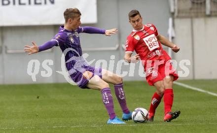 Fussball 2. Liga. SK Austria Klagenfurt gegen  Grazer AK 1902. Tim Maciejewski,  (Klagenfurt),   Josef Weberbauer (GAK). Klagenfurt, am 18.4.2021.
Foto: Kuess
www.qspictures.net
---
pressefotos, pressefotografie, kuess, qs, qspictures, sport, bild, bilder, bilddatenbank