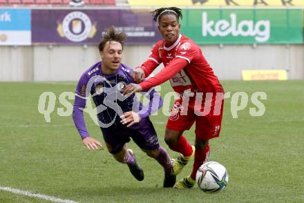 Fussball 2. Liga. SK Austria Klagenfurt gegen  Grazer AK 1902. Simon Straudi,  (Klagenfurt),  Reality Arase Asemota  (GAK). Klagenfurt, am 18.4.2021.
Foto: Kuess
www.qspictures.net
---
pressefotos, pressefotografie, kuess, qs, qspictures, sport, bild, bilder, bilddatenbank