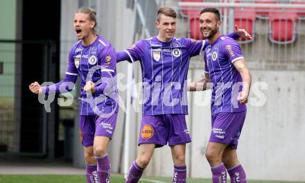Fussball 2. Liga. SK Austria Klagenfurt gegen  Grazer AK 1902. Torjubel Tim Maciejewski, Patrick Greil, Markus Pink (Klagenfurt). Klagenfurt, am 18.4.2021.
Foto: Kuess
www.qspictures.net
---
pressefotos, pressefotografie, kuess, qs, qspictures, sport, bild, bilder, bilddatenbank
