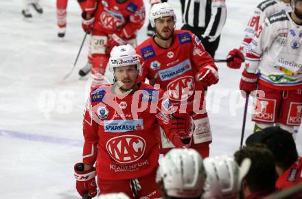 EBEL. Eishockey Bundesliga. KAC gegen	HCB Suedtirol Alperia. Torjubel  Matthew Fraser, Thomas Vallant (KAC). Klagenfurt, am 18.4.2021.
Foto: Kuess
www.qspictures.net

---
pressefotos, pressefotografie, kuess, qs, qspictures, sport, bild, bilder, bilddatenbank
