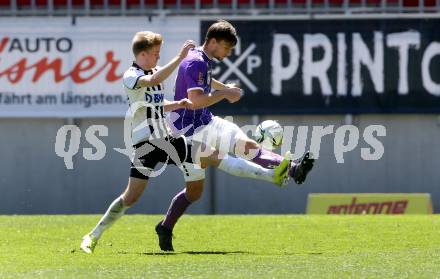 Fussball 2. Liga. SK Austria Klagenfurt gegen FC Juniors OOE. Thorsten Mahrer, (Klagenfurt), Jan Boller   (Juniors). Klagenfurt, am 9.5.2021.
Foto: Kuess
www.qspictures.net
---
pressefotos, pressefotografie, kuess, qs, qspictures, sport, bild, bilder, bilddatenbank