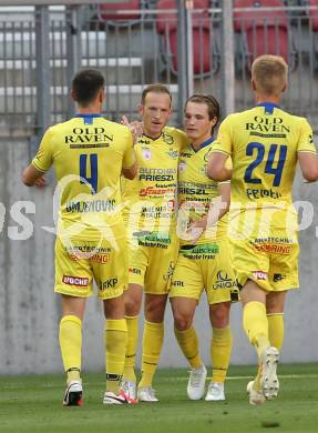 Fussball. Bundesliga. Trainingsspiel.  Austria Klagenfurt gegen SV Licht-Loidl Lafnitz. Torjubel Mario Kroepfl, Stefan Umjenovic,  Sebastian Feyrer  (Lafnitz). Klagenfurt, am 9.7.2021.
Foto: Kuess
www.qspictures.net
---
pressefotos, pressefotografie, kuess, qs, qspictures, sport, bild, bilder, bilddatenbank