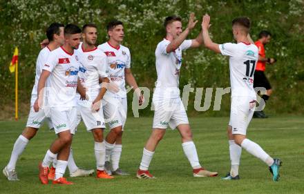 Fussball Kaerntner Liga. Maria Saal gegen Kraig. Torjubel Filip Skerl, Jon Benkovic, Marco Mueller, Aljaz Pavlin  (Maria Saal). Maria Saal, am 24.7.2021.
Foto: Kuess
---
pressefotos, pressefotografie, kuess, qs, qspictures, sport, bild, bilder, bilddatenbank