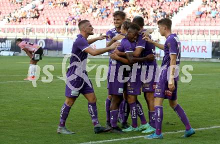 Fussball. Bundesliga. SK Austria Klagenfurt gegen TSV Hartberg.   Torjubel Alex Timossi Andersson, Tim Maciejewski, Markus Pink, Ivan Saravanja (Klagenfurt). Klagenfurt, am 7.8.2021.
Foto: Kuess
www.qspictures.net
---
pressefotos, pressefotografie, kuess, qs, qspictures, sport, bild, bilder, bilddatenbank