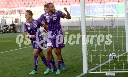 Fussball. Bundesliga. SK Austria Klagenfurt gegen TSV Hartberg.   Torjubel Alex Timossi Andersson, Tim Maciejewski, Markus Pink (Klagenfurt). Klagenfurt, am 7.8.2021.
Foto: Kuess
www.qspictures.net
---
pressefotos, pressefotografie, kuess, qs, qspictures, sport, bild, bilder, bilddatenbank