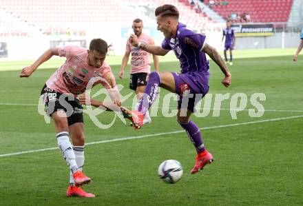 Fussball. Bundesliga. SK Austria Klagenfurt gegen TSV Hartberg.   Florian Rieder (Klagenfurt), David Stec (Hartberg). Klagenfurt, am 7.8.2021.
Foto: Kuess
www.qspictures.net
---
pressefotos, pressefotografie, kuess, qs, qspictures, sport, bild, bilder, bilddatenbank