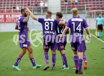 Fussball. Bundesliga. SK Austria Klagenfurt gegen TSV Hartberg.  Torjubel  Markus Pink, Florian Rieder, Alex Timossi Andersson, Christopher Brian Cvetko, Turgay Gemicibasi (Klagenfurt). Klagenfurt, am 7.8.2021.
Foto: Kuess
www.qspictures.net
---
pressefotos, pressefotografie, kuess, qs, qspictures, sport, bild, bilder, bilddatenbank