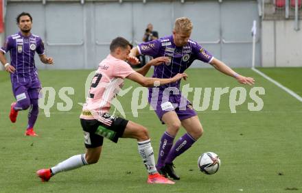 Fussball. Bundesliga. SK Austria Klagenfurt gegen TSV Hartberg.   Christopher CVetko,  (Klagenfurt), David Stec (Hartberg). Klagenfurt, am 7.8.2021.
Foto: Kuess
www.qspictures.net
---
pressefotos, pressefotografie, kuess, qs, qspictures, sport, bild, bilder, bilddatenbank
