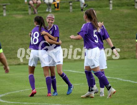 Frauenfussball. Kaerntner Frauen Liga. SK Austria Klagenfurt gegen SG ATUS Ferlach/DSG Ferlach.  Torjubel  Lara Marie Sophie Vadlau, Franziska Markof, Chiara Maria Maurel, Anja Veratschnig (Klagenfurt). Koettmannsdorf, am 8.8.2021.
Foto: Kuess
www.qspictures.net
---
pressefotos, pressefotografie, kuess, qs, qspictures, sport, bild, bilder, bilddatenbank