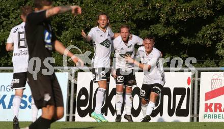 Fussball Kaerntner Liga. Bleiburg gegen St. Michael/Bl.. Torjubel Arnold Gross, Georg Woschitz, Mathias Stefan Mueller  (St. Michael/Bl.). Bleiburg, am 14.8.2021.
Foto: Kuess
---
pressefotos, pressefotografie, kuess, qs, qspictures, sport, bild, bilder, bilddatenbank