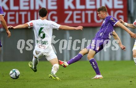 Fussball. Bundesliga. SK Austria Klagenfurt gegen WSG Tirol.  Tim Maciejewski (Klagenfurt), Thanos Petsos (Tirol). Klagenfurt, am 28.8.2021.
Foto: Kuess
www.qspictures.net
---
pressefotos, pressefotografie, kuess, qs, qspictures, sport, bild, bilder, bilddatenbank