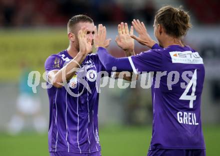 Fussball. Bundesliga. SK Austria Klagenfurt gegen WSG Tirol. Jubel    Turgay Gemicibasi, Patrick Greil (Klagenfurt). Klagenfurt, am 28.8.2021.
Foto: Kuess
---
pressefotos, pressefotografie, kuess, qs, qspictures, sport, bild, bilder, bilddatenbank