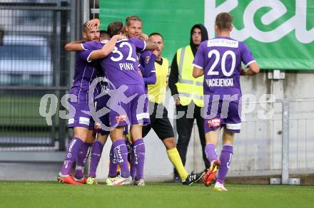 Fussball. Bundesliga. SK Austria Klagenfurt gegen WSG Tirol. Torjubel Patrick Greil, Alex Timossi Andersson,  Turgay Gemicibasi, Markus Pink,  Tim Maciejewski,  (Klagenfurt). Klagenfurt, am 28.8.2021.
Foto: Kuess
www.qspictures.net
---
pressefotos, pressefotografie, kuess, qs, qspictures, sport, bild, bilder, bilddatenbank