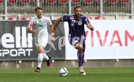 Fussball. Bundesliga. SK Austria Klagenfurt gegen WSG Tirol.  Markus Pink (Klagenfurt), Valentino Mueller (Tirol). Klagenfurt, am 28.8.2021.
Foto: Kuess
www.qspictures.net
---
pressefotos, pressefotografie, kuess, qs, qspictures, sport, bild, bilder, bilddatenbank