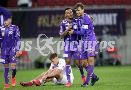 Fussball. Bundesliga. SK Austria Klagenfurt gegen WSG Tirol. Jubel Michael Blauensteiner, Thorsten Mahrer  (Klagenfurt). Klagenfurt, am 28.8.2021.
Foto: Kuess
www.qspictures.net
---
pressefotos, pressefotografie, kuess, qs, qspictures, sport, bild, bilder, bilddatenbank