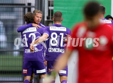 Fussball. Bundesliga. SK Austria Klagenfurt gegen WSG Tirol. Torjubel Patrick Greil, Alex Timossi Andersson,  Turgay Gemicibasi, (Klagenfurt). Klagenfurt, am 28.8.2021.
Foto: Kuess
www.qspictures.net
---
pressefotos, pressefotografie, kuess, qs, qspictures, sport, bild, bilder, bilddatenbank