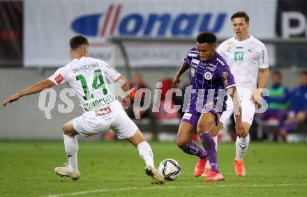 Fussball. Bundesliga. SK Austria Klagenfurt gegen WSG Tirol.  Michael Blauensteiner (Klagenfurt), Alexander Ranacher (Tirol). Klagenfurt, am 28.8.2021.
Foto: Kuess
www.qspictures.net
---
pressefotos, pressefotografie, kuess, qs, qspictures, sport, bild, bilder, bilddatenbank