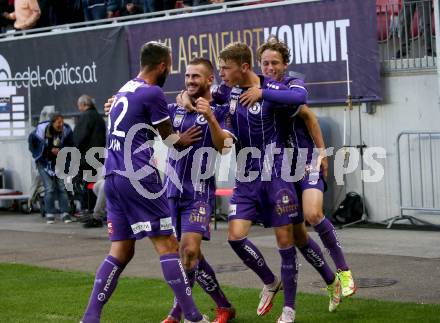 Fussball. Bundesliga. SK Austria Klagenfurt gegen WSG Tirol.  Torjubel Markus Pink, Turgay Gemicibasi, Alex Timossi Andersson, Tim Maciejewski
 (Klagenfurt). Klagenfurt, am 28.8.2021.
Foto: Kuess
www.qspictures.net
---
pressefotos, pressefotografie, kuess, qs, qspictures, sport, bild, bilder, bilddatenbank