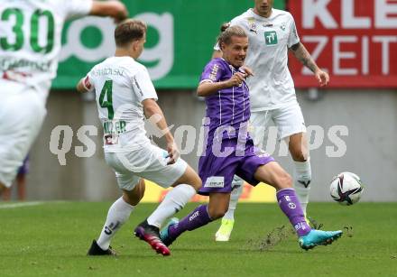 Fussball. Bundesliga. SK Austria Klagenfurt gegen WSG Tirol.  Patrick Greil, (Klagenfurt),Valentino Mueller (Tirol). Klagenfurt, am 28.8.2021.
Foto: Kuess
www.qspictures.net
---
pressefotos, pressefotografie, kuess, qs, qspictures, sport, bild, bilder, bilddatenbank