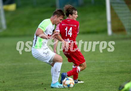 Fussball Kaerntner Liga. St. Andrae/WAC Juniors gegen Feldkirchen.  Florian Tobias Zavodnik  (St. Andrae), Sebastian Schmid  (Feldkirchen). St. Andrae, am 27.8.2021.
Foto: Kuess
---
pressefotos, pressefotografie, kuess, qs, qspictures, sport, bild, bilder, bilddatenbank