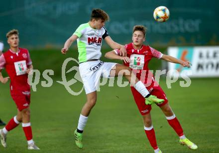 Fussball Kaerntner Liga. St. Andrae/WAC Juniors gegen Feldkirchen.  Elias Johann Dorner (St. Andrae), Adriano Bilandzija  (Feldkirchen). St. Andrae, am 27.8.2021.
Foto: Kuess
---
pressefotos, pressefotografie, kuess, qs, qspictures, sport, bild, bilder, bilddatenbank