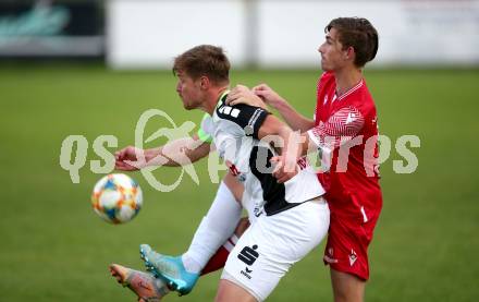 Fussball Kaerntner Liga. St. Andrae/WAC Juniors gegen Feldkirchen.  Raphael Fritzl (St. Andrae), Sebastian Schmid  (Feldkirchen). St. Andrae, am 27.8.2021.
Foto: Kuess
---
pressefotos, pressefotografie, kuess, qs, qspictures, sport, bild, bilder, bilddatenbank