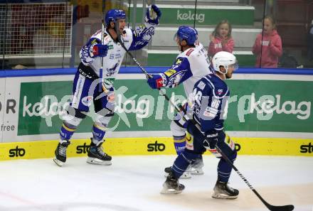 Eishockey Testspiel. EC Grand Immo VSV gegen HK Nitra.  Torjubel Joel Broda, Scott Kosmachuk (VSV). Villach, am 31.8.2021.
Foto: Kuess
www.qspictures.net
---
pressefotos, pressefotografie, kuess, qs, qspictures, sport, bild, bilder, bilddatenbank
