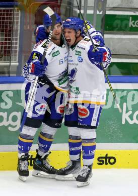 Eishockey Testspiel. EC Grand Immo VSV gegen HK Nitra.  Torjubel Joel Broda, Scott Kosmachuk,  (VSV). Villach, am 31.8.2021.
Foto: Kuess
www.qspictures.net
---
pressefotos, pressefotografie, kuess, qs, qspictures, sport, bild, bilder, bilddatenbank