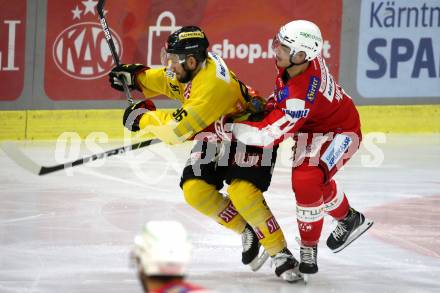 EBEL. Eishockey Bundesliga. KAC gegen	spusu Vienna Capitals. Lukas Haudum, (KAC), Nikolaus Hartl   (Vienna Capitals). Klagenfurt, am 17.9.2021.
Foto: Kuess
www.qspictures.net

---
pressefotos, pressefotografie, kuess, qs, qspictures, sport, bild, bilder, bilddatenbank